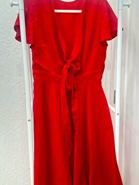 Deep V Red Midi Tie-Front Dress - Women L